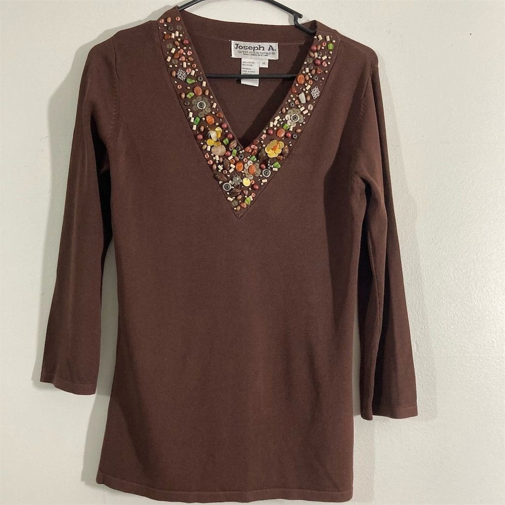 Joseph A Women's M Brown Embellished‎ V-Neck 3/4 Sleeve Sweater